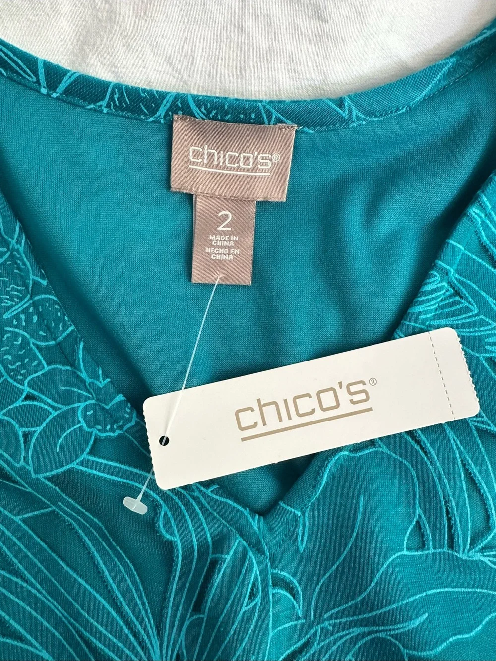 Chico's Size 2 Teal Floral V-Neck Tunic Top Sheer Tropical Botanical - Picture 3 of 6